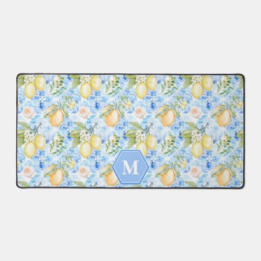 Mediterranean Blue Tile Limoncello Monogram Name Schreibtischunterlage (Vorderseite)