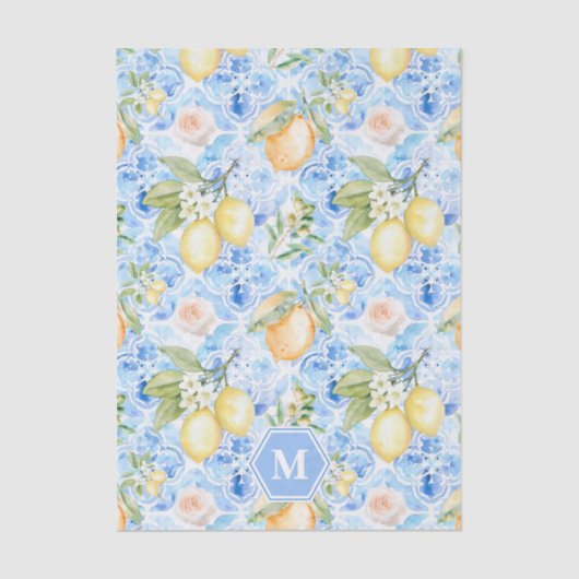 Mediterranean Blue Tile Limoncello Monogram Name Seidenpapier (Vorderseite)
