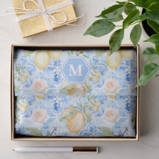 Mediterranean Blue Tile Limoncello Monogram Name Seidenpapier (Geschenk)