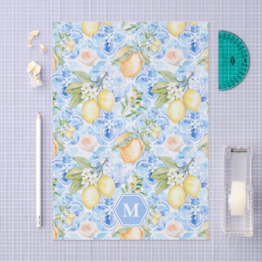 Mediterranean Blue Tile Limoncello Monogram Name Seidenpapier (Handwerk)