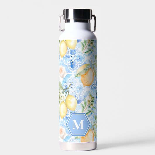 Mediterranean Blue Tile Limoncello Monogram Name Trinkflasche (Vorne)