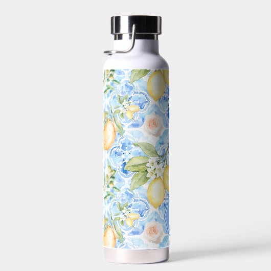 Mediterranean Blue Tile Limoncello Monogram Name Trinkflasche (Rechts)
