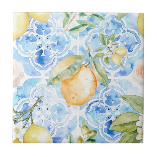 Mediterranean Blue Tile Yellow Lemon Watercolor Fliese (Vorderseite)
