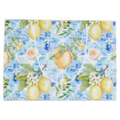 Mediterranean Blue Tile Yellow Lemon Watercolor Große Geschenktüte (Rückseite)