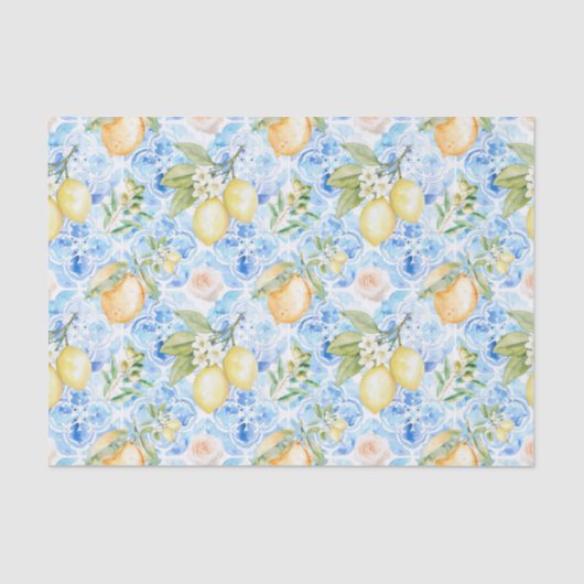 Mediterranean Blue Tile Yellow Lemon Watercolor Seidenpapier (Vorderseite)