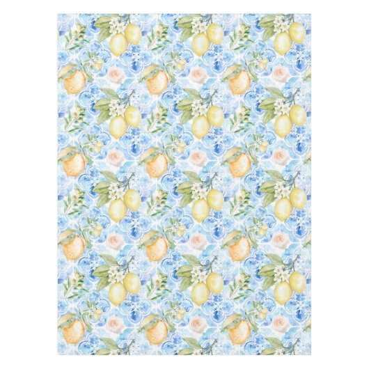 Mediterranean Blue Tile Yellow Lemon Watercolor Tischdecke (Vorderseite)