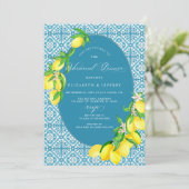 Mediterranean Blue Tiles Lemon Probe Dinner Einladung (Stehend Vorderseite)
