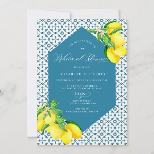 Mediterranean Blue Tiles Lemon Probe Dinner Einladung (Vorderseite)