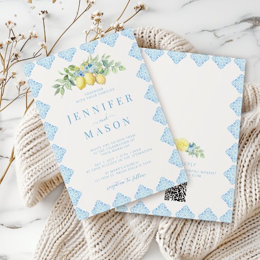 Mediterranean Blue Tiles Lemon Wedding Einladung