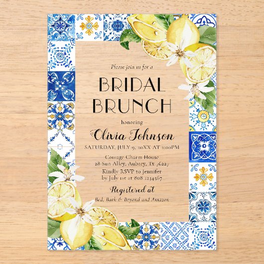 Mediterranean Blue Tiles Lemons Bridal Bunch Acryleinladungen (Vorderseite)