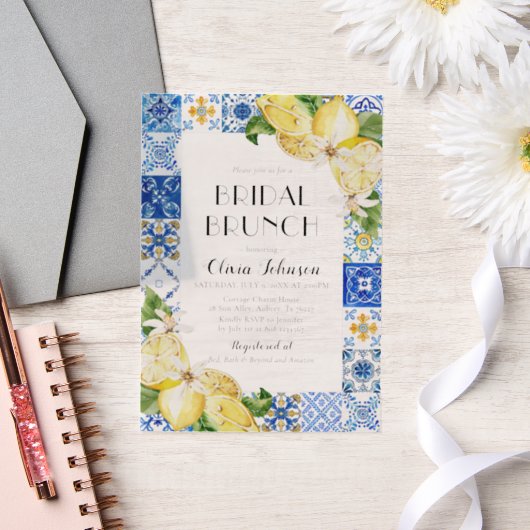 Mediterranean Blue Tiles Lemons Bridal Bunch Pergament Einladungen (Hochzeit)