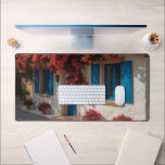 Mediterranean Blue Window Floral House Desk Mat Schreibtischunterlage<br><div class="desc">A beautiful desk mat featuring a charming Mediterranean-style house with bright blue windows,  white walls,  and vibrant pink flowers cascading around the doorway. This scenic design adds warmth,  color,  and a relaxing coastal village vibe to your workspace.</div>