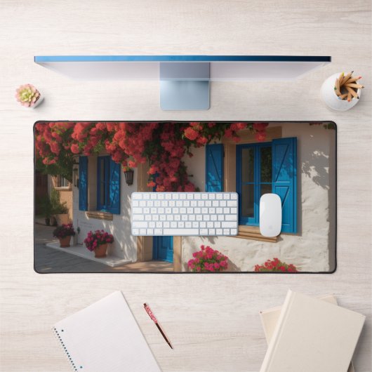 Mediterranean Blue Window Floral House Desk Mat Schreibtischunterlage (Büro 1)