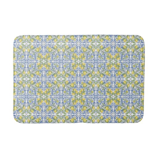 Mediterranean Blue & Yellow Lemon Tile Pattern Badematte (Vorderseite)