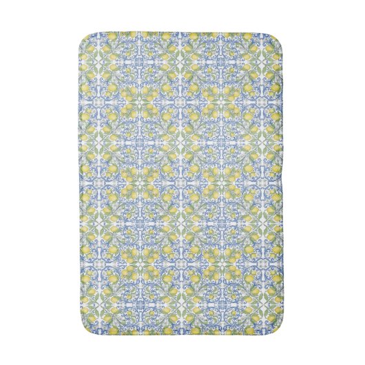 Mediterranean Blue & Yellow Lemon Tile Pattern Badematte (Vorderseite Vertikal)