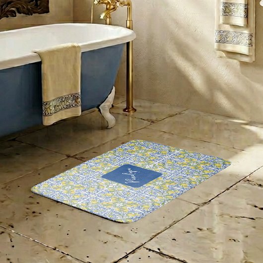 Mediterranean Blue & Yellow Lemon Tile Pattern Badematte