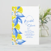 Mediterranean Blue Yellow Lemons Bridal Shower Einladung (Stehend Vorderseite)