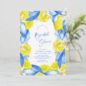 Mediterranean Blue Yellow Lemons Bridal Shower Einladung (Stehend Vorderseite)