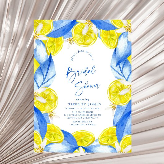 Mediterranean Blue Yellow Lemons Bridal Shower Einladung
