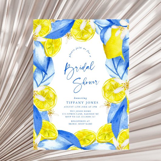 Mediterranean Blue Yellow Lemons Bridal Shower Einladung