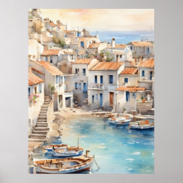 Mediterranean boho watercolor village poster