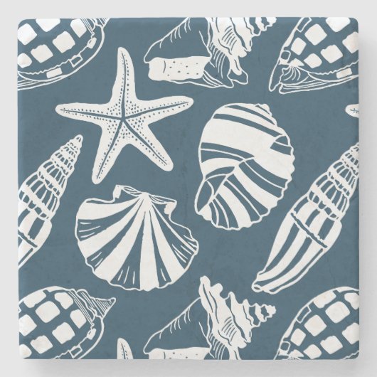 Mediterranean Coastal Seashell Toile Aegean Blue Steinuntersetzer (Vorderseite)