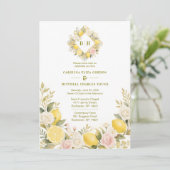Mediterranean Flowers and Lemons Wedding Photo Einladung (Stehend Vorderseite)
