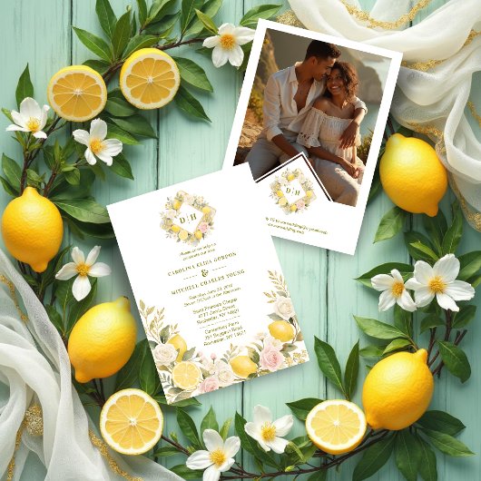 Mediterranean Flowers and Lemons Wedding Photo Einladung
