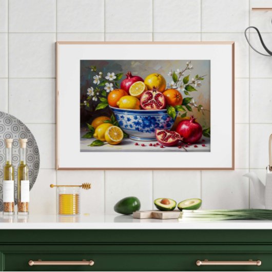 Mediterranean Fruit Bowl Still Life Oil Painting  Poster