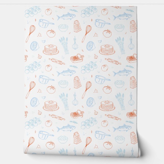 Mediterranean Kitchen Culinary Pattern Wallpaper Tapete (Abrollen)