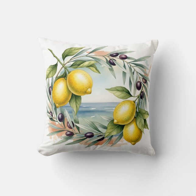 Mediterranean Lemon and Olive Branch Watercolor  Kissen (Vorderseite)