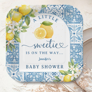 Mediterranean Lemon Baby Shower Blue Tiles Pappteller