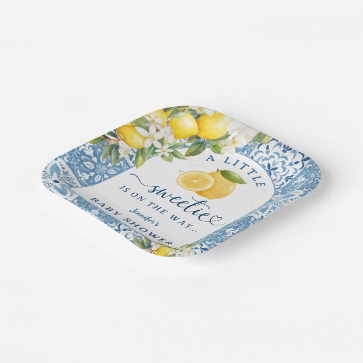 Mediterranean Lemon Baby Shower Blue Tiles Pappteller (Gewinkelt)