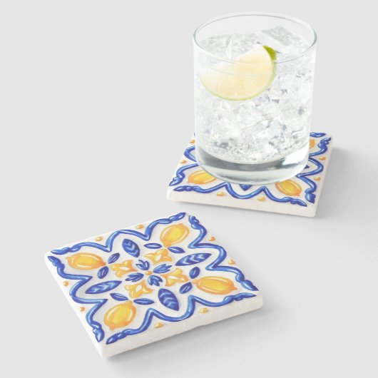 Mediterranean Lemon Blossom Ceramic Hand Painted Steinuntersetzer (Seitenansicht)