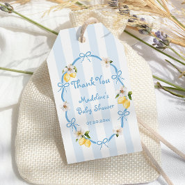 Mediterranean Lemon Blue Bows Baby Dusche Geschenkanhänger