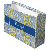 Mediterranean Lemon Blue Portuguese Tile Große Geschenktüte (Vorderseite Schrägansicht)