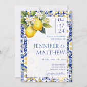 Mediterranean Lemon Blue Tiles Italian Wedding Einladung (Vorderseite)