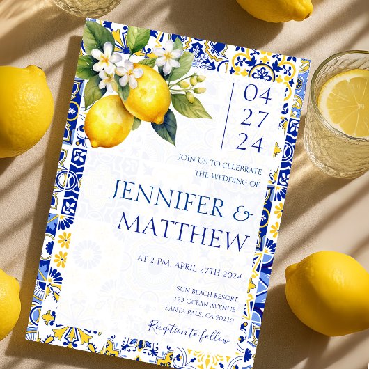 Mediterranean Lemon Blue Tiles Italian Wedding Einladung