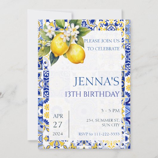 Mediterranean Lemon Blue Tiles Italienisch Geburts Einladung (Vorderseite)