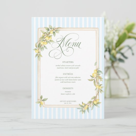 Mediterranean Lemon Coastal Stripe Wedding Menükarte (Stehend Vorderseite)