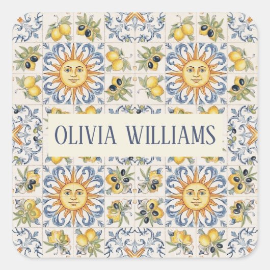 Mediterranean Lemon Tile Italian Coastal Design Quadratischer Aufkleber (Vorderseite)