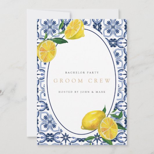 Mediterranean Lemon Tiles Bachelor Party Card Einladung (Vorderseite)