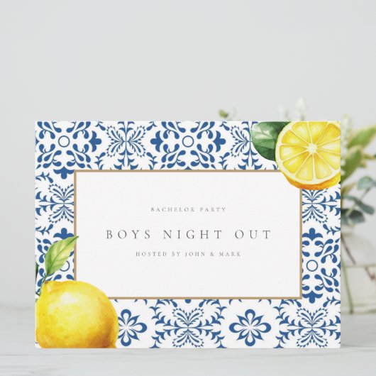 Mediterranean Lemon Tiles Bachelor Party Card Einladung (Stehend Vorderseite)