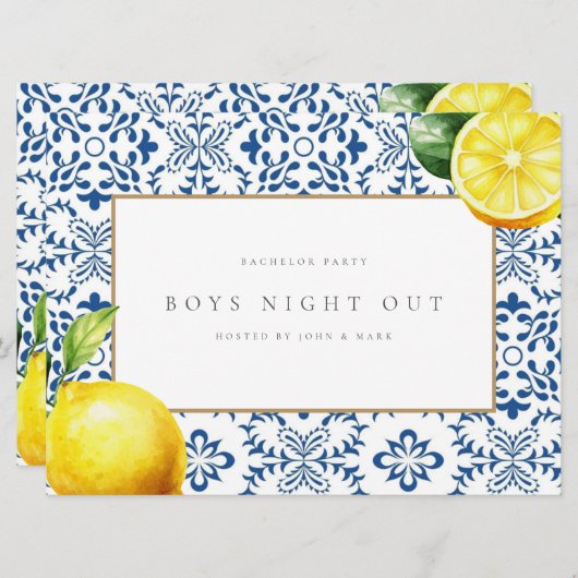 Mediterranean Lemon Tiles Bachelor Party Card Einladung (Vorne/Hinten)