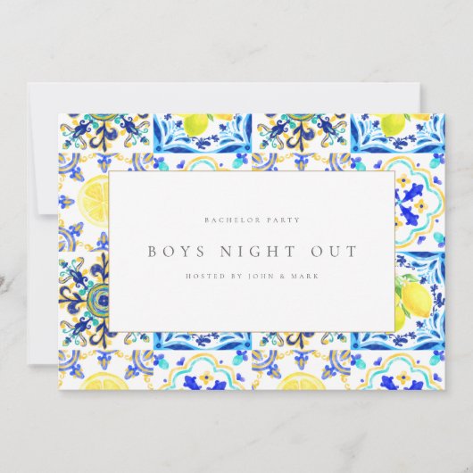 Mediterranean Lemon Tiles Bachelor Party Card Einladung (Vorderseite)