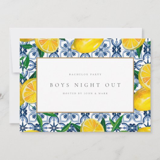 Mediterranean Lemon Tiles Bachelor Party Card Einladung (Vorderseite)