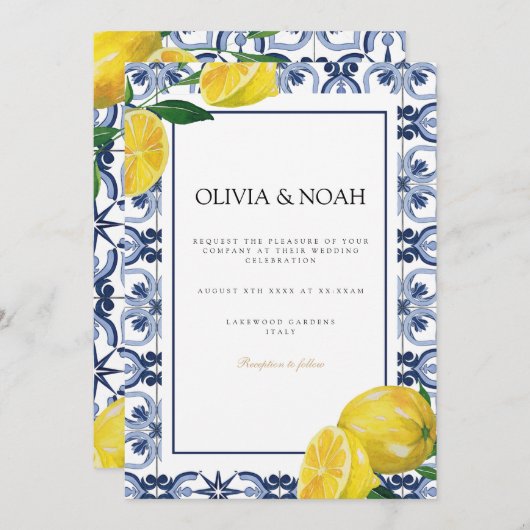 Mediterranean Lemon Tiles Wedding Einladung (Vorne/Hinten)