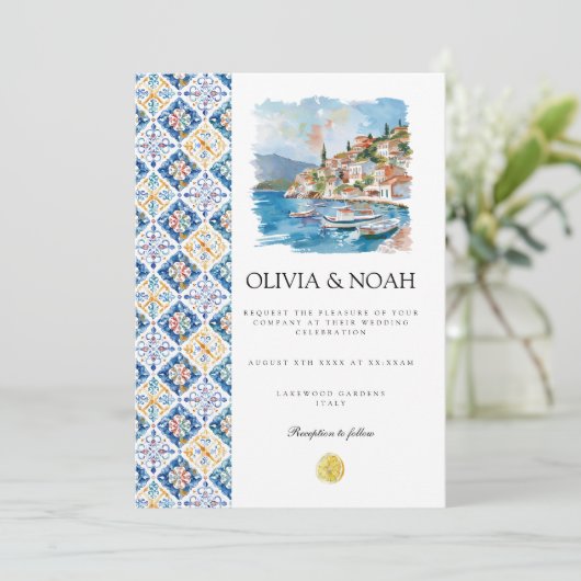 Mediterranean Lemon Tiles Wedding Einladung (Stehend Vorderseite)