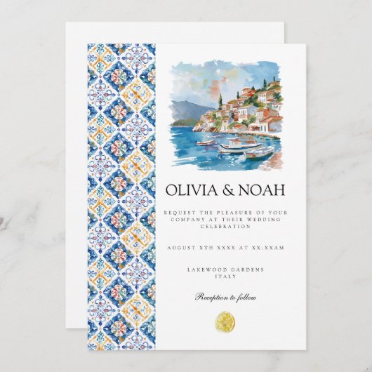 Mediterranean Lemon Tiles Wedding Einladung (Vorne/Hinten)