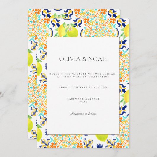 Mediterranean Lemon Tiles Wedding Einladung (Vorne/Hinten)